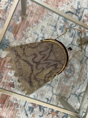 Vintage Gold Link Mesh Purse, Dresden German, Kissing Clasp, Metal Frame